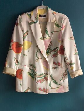 Whimsical Fruit-Print Blazer Jacket Off White Multicolor